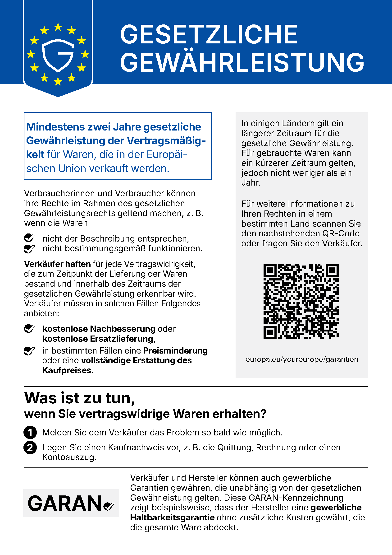 Ihr gesetzliches Gewährleistungsrecht: Mindestens zwei Jahre gesetzliche Gewährleistung für in der Europäischen Union verkaufte Waren.