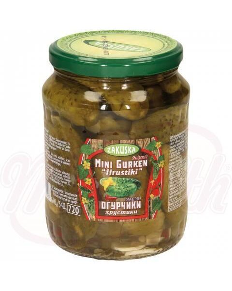 Eingelegte Mini-Gurken Hrustiki scharf 670 g