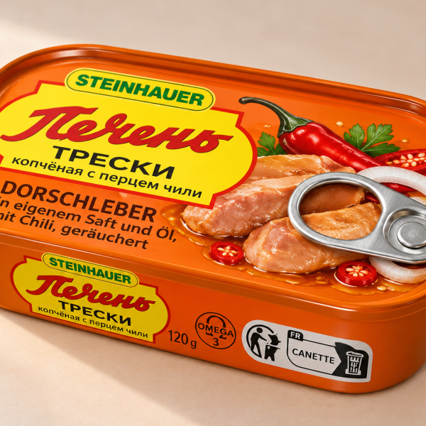 Dorschleber in eigenem Saft und Öl, mit Chili, geräuchert