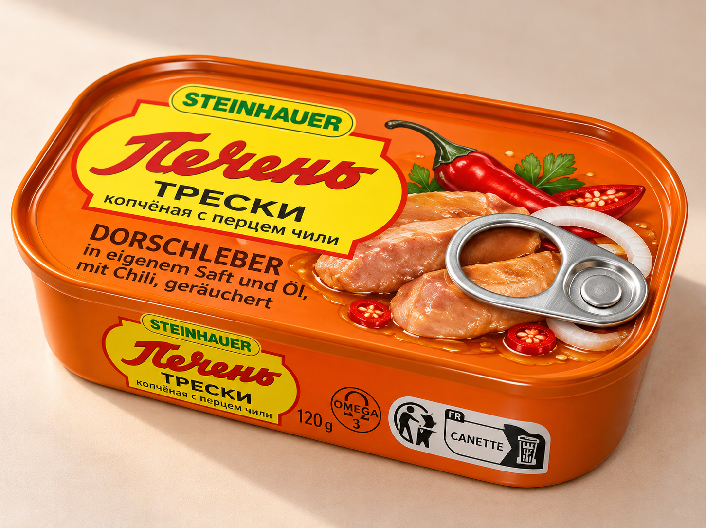 Печень трески в собственном соку и масле, с чили, копченая Dorschleber in eigenem Saft und Öl, mit Chili, geräuchert – Bild 1
